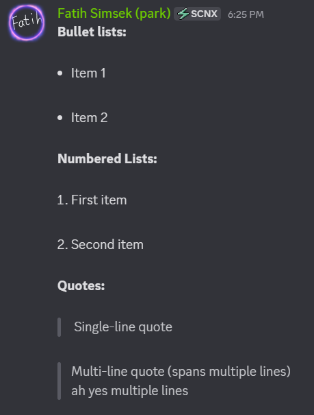 A screenshot showing examples of bullet lists, numbered lists, and quotes