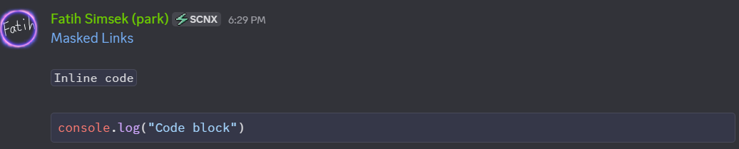 A screenshot showing examples of masked links, inline code, and code blocks