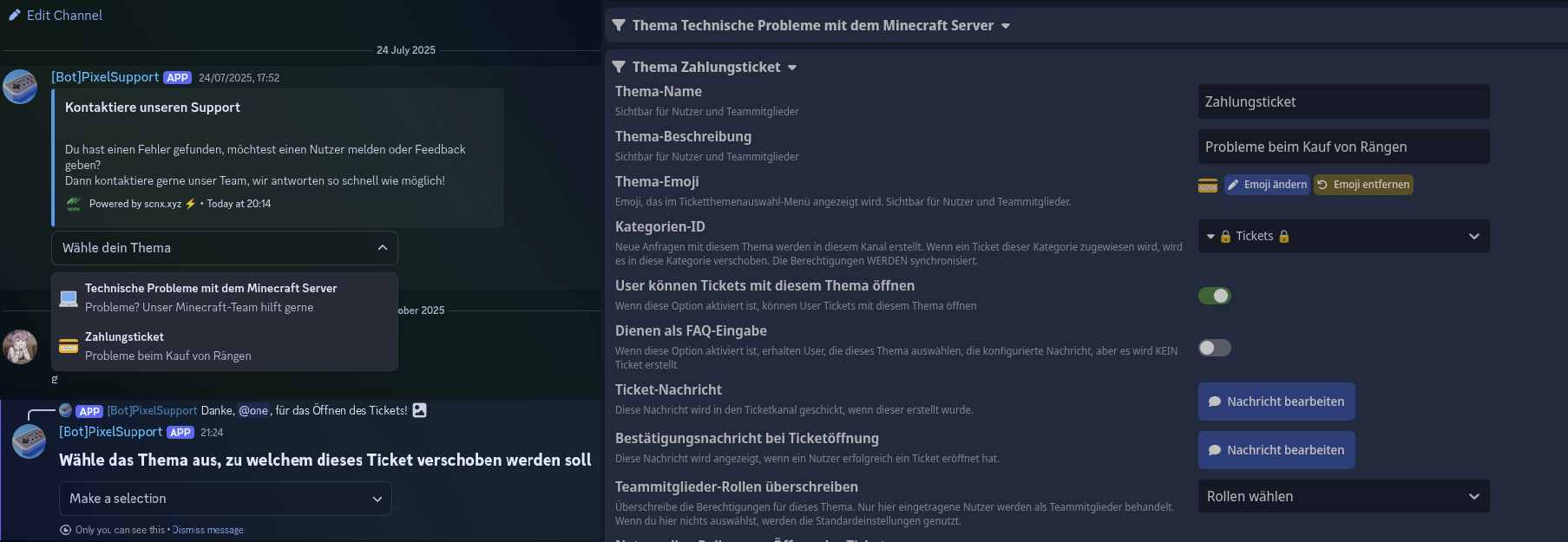 Screenshot, der eine Ticket-Auswahl-Einbettung, das Verschieben eines Tickets und die Konfiguration der Ticket-Themen zeigt