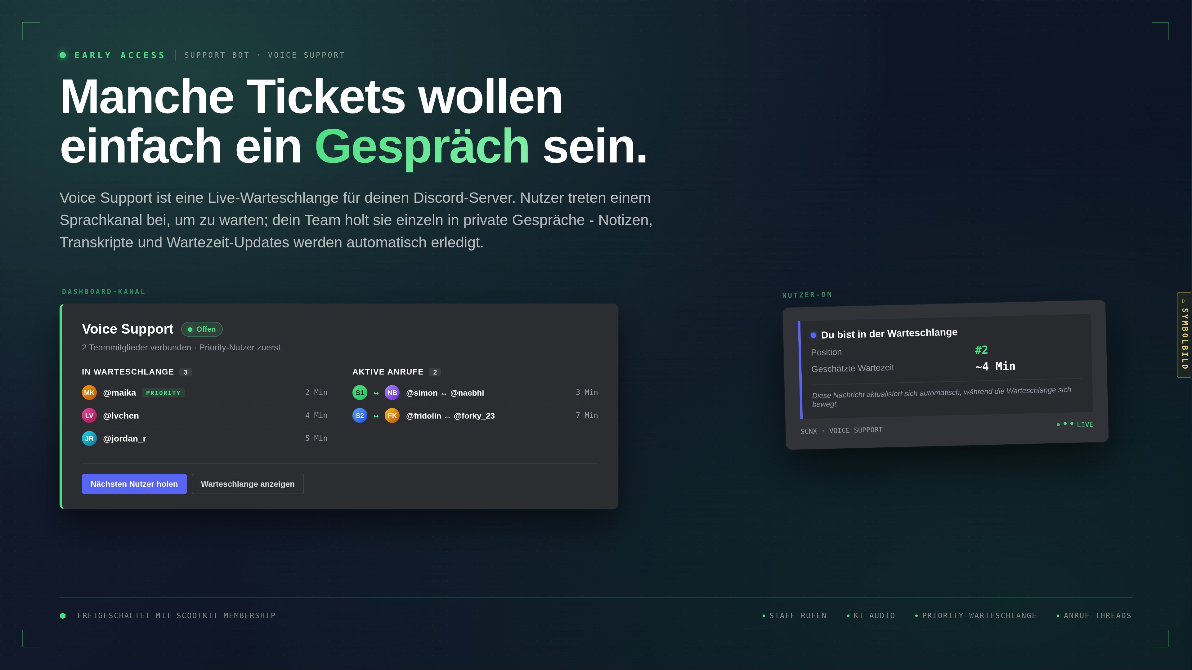 Symbolbild des Voice-Support-Dashboard-Embeds mit Warteschlange, aktiven Anrufen und der Positions-DM eines Nutzers