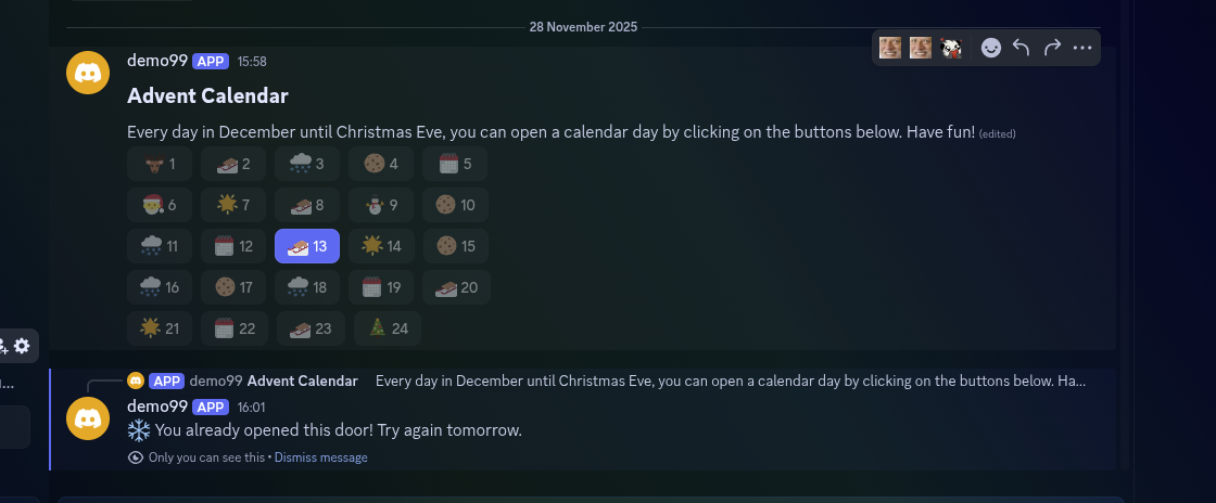 Screenshot mit der Adventskalendernachricht auf Discord