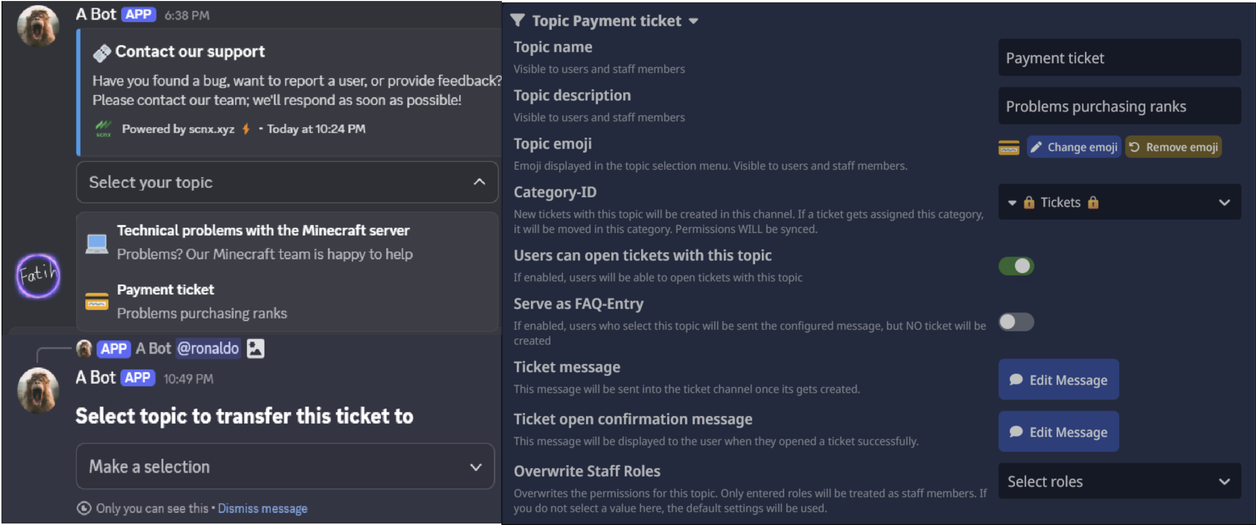 Screenshot che mostra un embed di selezione ticket, come spostare un ticket e la configurazione degli argomenti del ticket
