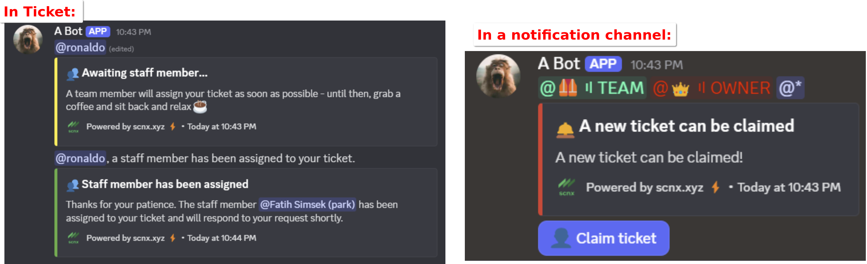 Uno screenshot che mostra i messaggi di stato della presa in carico e come prendere in carico un ticket